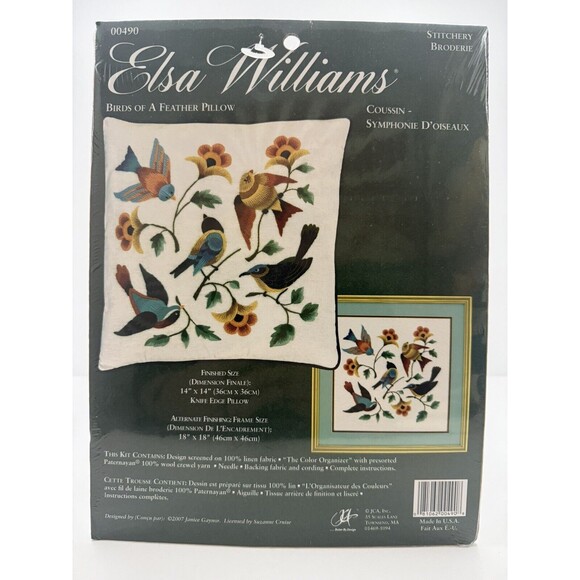 Elsa Williams Birds of a Feather Pillow Crewel Embroidery Janice Gaynor 00490